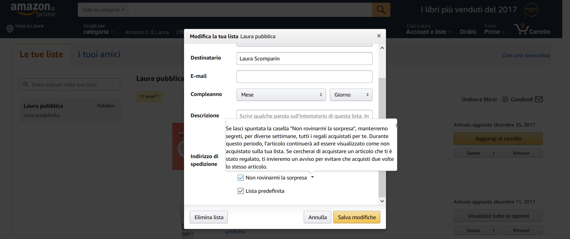 impostazione della notifica sulla lista desideri di amazon